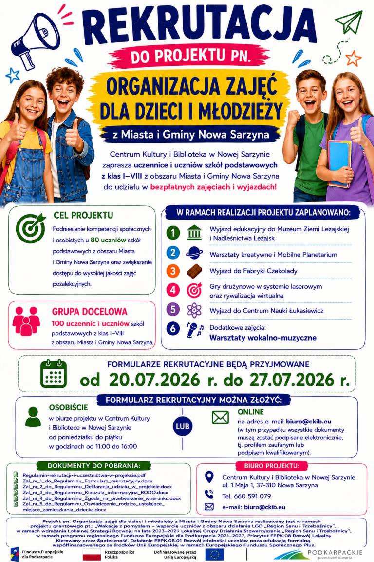 Rekrutacja do projektu pn. Organizacja zajęć dla dzieci i młodzieży z Miasta i Gminy Nowa Sarzyna