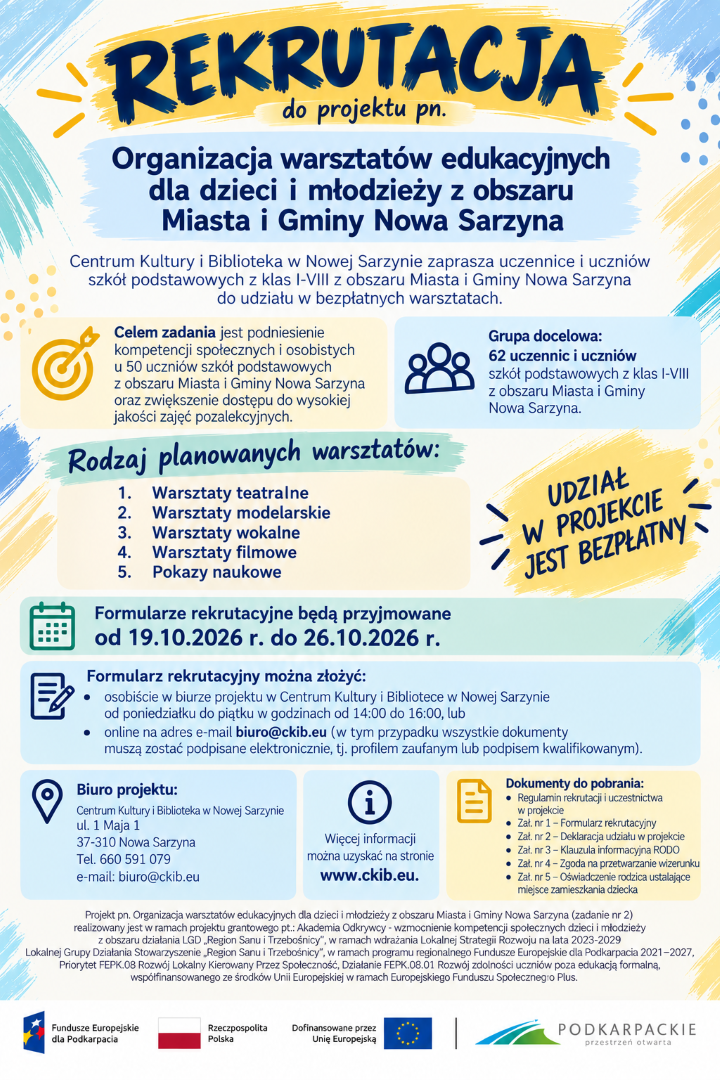 Rekrutacja do projektu pn. Organizacja warsztatów edukacyjnych dla dzieci i młodzieży z obszaru Miasta i Gminy Nowa Sarzyna