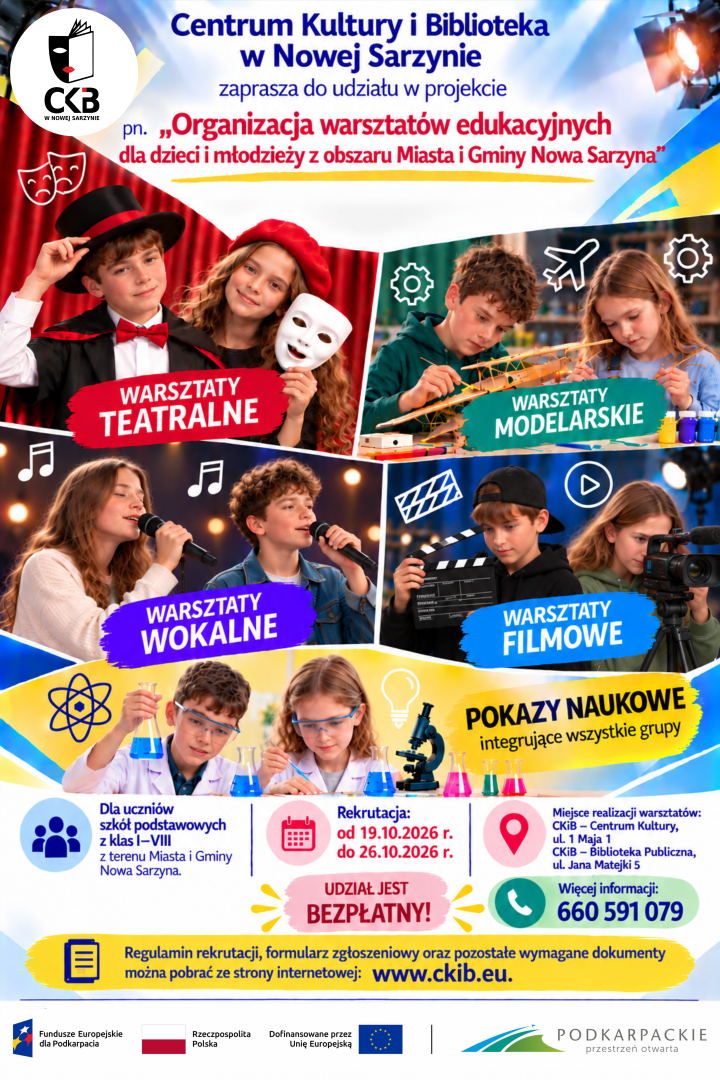 Rekrutacja do projektu pn.  Organizacja warsztatów edukacyjnych dla dzieci i młodzieży z obszaru Miasta i Gminy Nowa Sarzyna